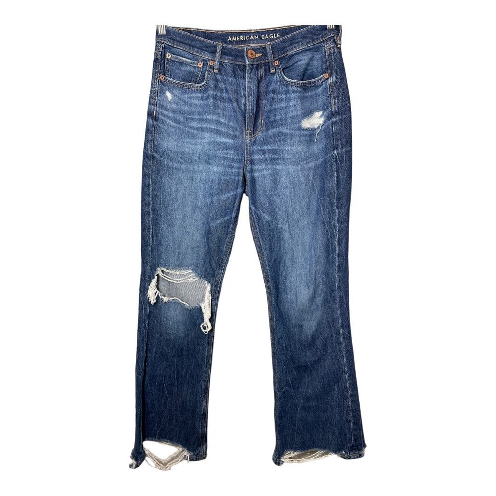 American Eagle 90s Flare Distressed Knee Rip Jeans Fray Womens sz 4 R